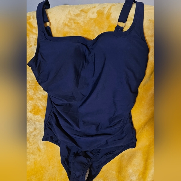 NWT Anne Cole Square Neck Shirred Sides One Piece Swimsuit Navy Blue Size SMALL - Picture 6 of 9